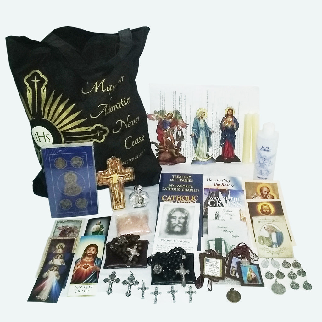 Picture of items in the 3 Days of Darkness tote. Click on the "Tote Items" Tab for a full list of all the items in this tote. This picture shows Our Lady of Grace, Sacred Heart of Jesus and RSV leather New Testament with Psalms as your choice.