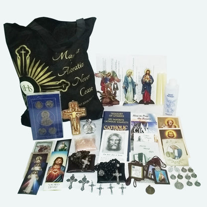 Picture of items in the 3 Days of Darkness tote. Click on the "Tote Items" Tab for a full list of all the items in this tote. This picture shows Our Lady of Grace, Sacred Heart of Jesus and RSV leather New Testament with Psalms as your choice.