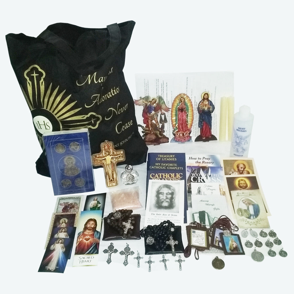 Picture of items in the 3 Days of Darkness tote. Click on the "Tote Items" Tab for a full list of all the items in this tote. This picture shows Our Lady of Guadalupe, Sacred Heart of Jesus  and RSV leather New Testament with Psalms as your choice.