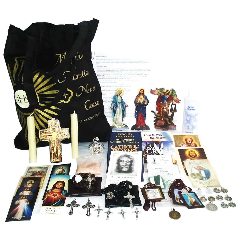 Picture of items in the 3 Days of Darkness tote. Click on the "Tote Items" Tab for a full list of all the items in this tote. This picture shows Our Lady of Grace, Sacred Heart of Jesus and no bible as your choice.