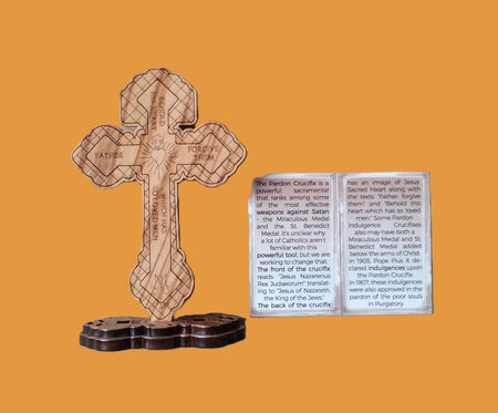 5" Standing Olivewood Pardon Crucifix, beautifully detailed. Quality product, proud to be displayed on any dresser, bookcase, tabletop or desk. Made in Italy. Suggested retail $75.00 Backside view