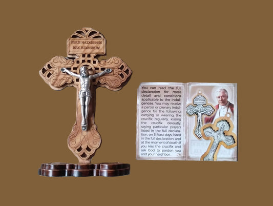 5" Standing Olivewood Pardon Crucifix, beautifully detailed. Quality product, proud to be displayed on any dresser, bookcase, tabletop or desk. Made in Italy. Suggested retail $75.00  Front View