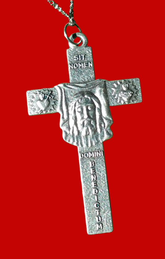 Picture of the silver Holy Face Crucifix - front
