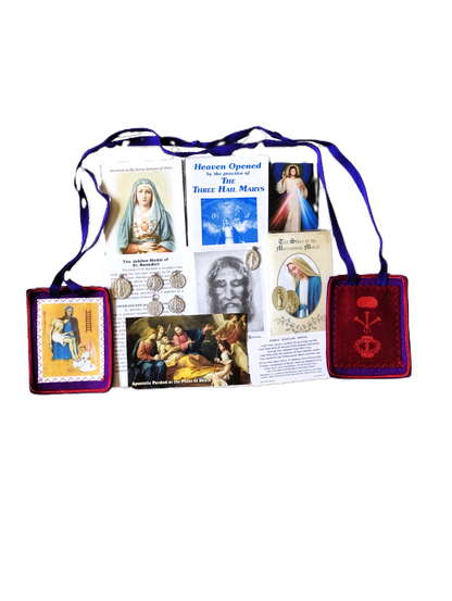 pic of purple scapular combo of scapular st benedict and miraculous medals and prayer cards