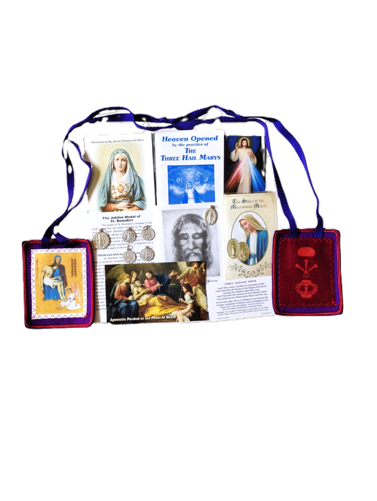 pic of purple scapular combo of scapular st benedict and miraculous medals and prayer cards
