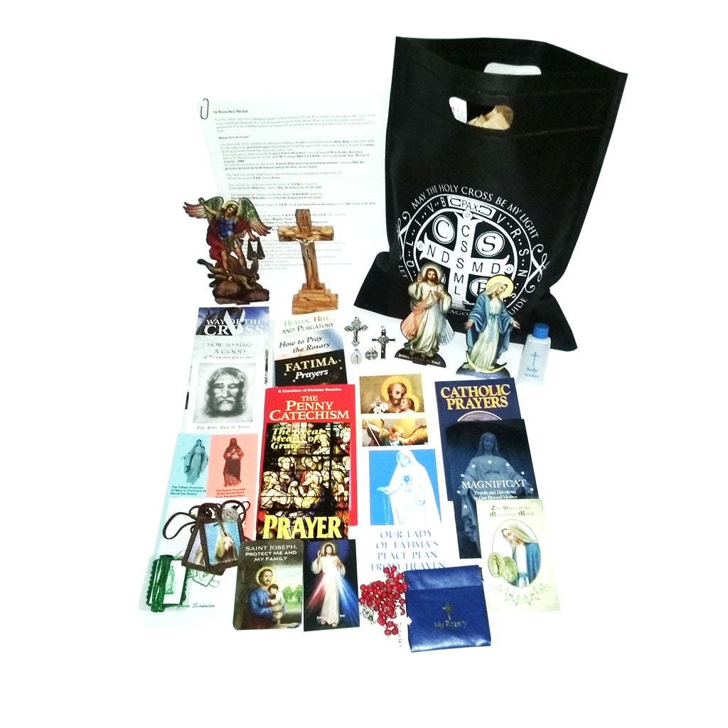 Picture of items in the Basic Prayer Tote. Click on the "Tote Items" Tab for a full list of all the items. This picture shows Our Lady of Grace and Divine Mercy.
