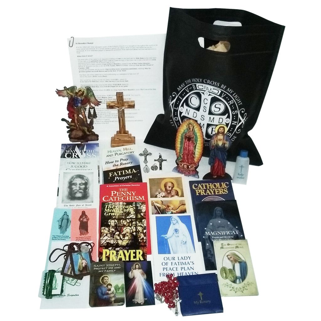 Picture of items in the Basic Prayer Tote. Click on the "Tote Items" Tab for a full list of all the items. This picture shows Our Lady of Guadalupe and the Sacred Heart of Jesus.