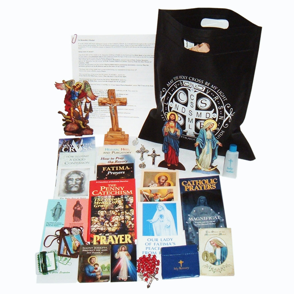 Picture of items in the Basic Prayer Tote. Click on the "Tote Items" Tab for a full list of all the items. This picture shows Our Lady of Grace and the Sacred Heart of Jesus.