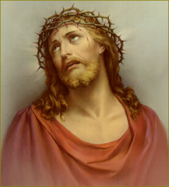 sorrowful look of Jesus crowned with thorns looking up