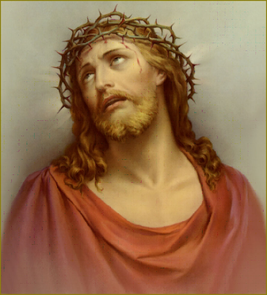 sorrowful look of Jesus crowned with thorns looking up