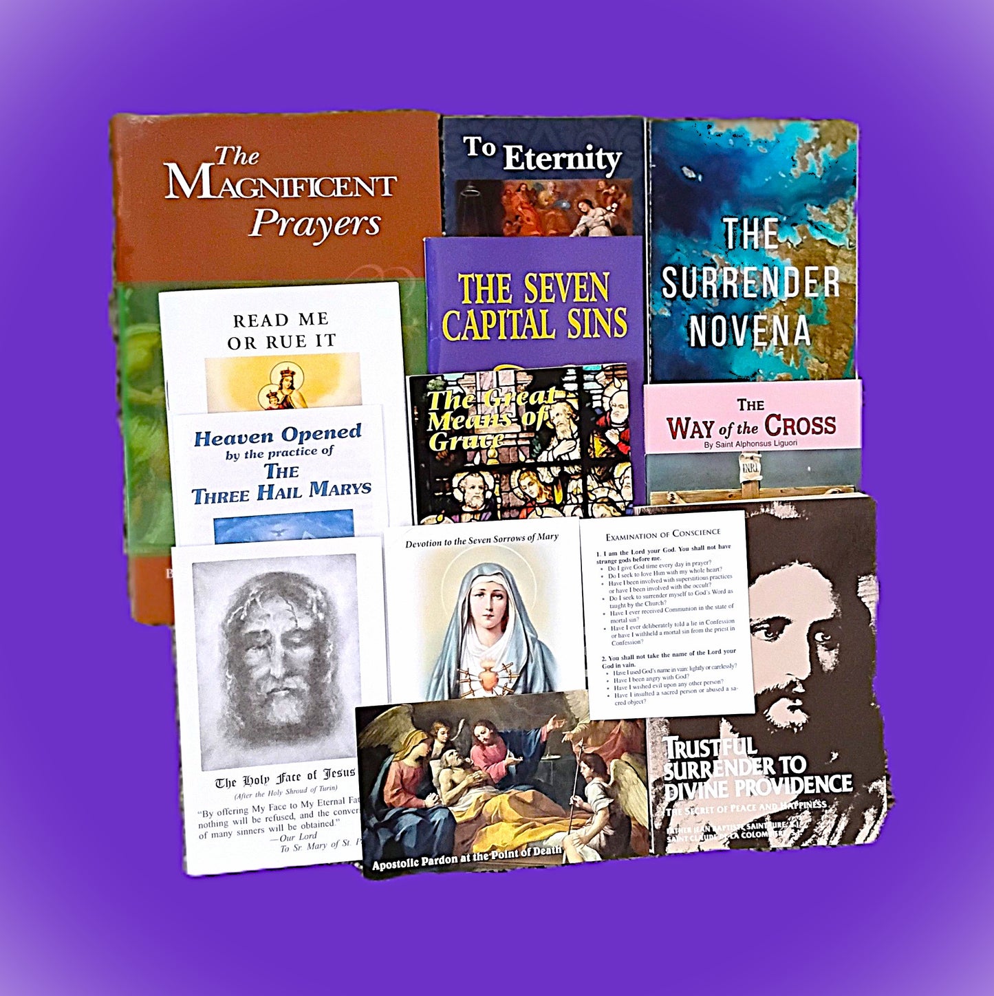 Collection of religious books and pamphlets on a purple background