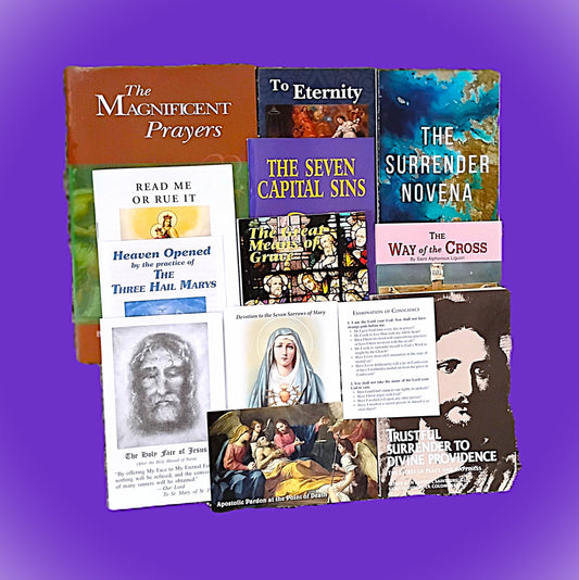 Collection of religious books and pamphlets on a purple background