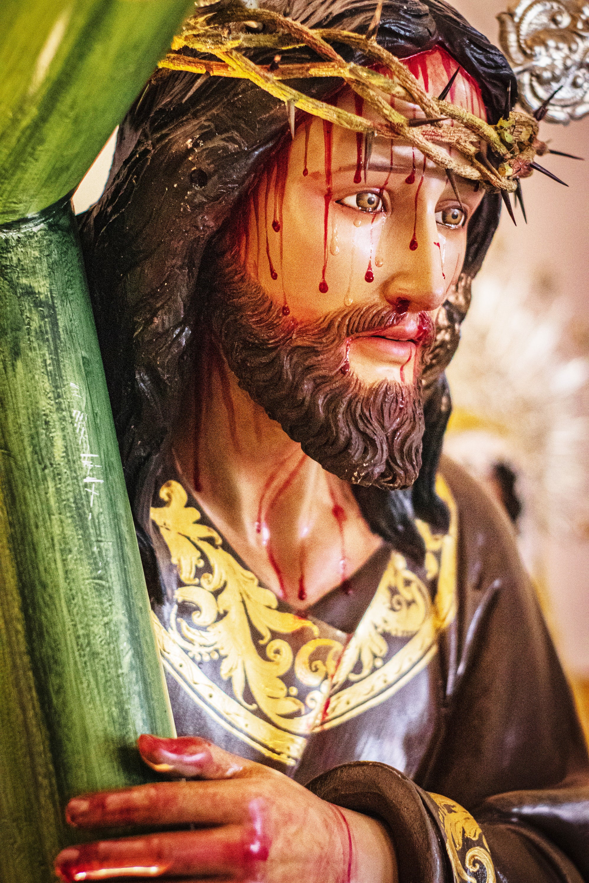 pic Jesus with crown of thorns holding green bamboo cross blood dripping down face