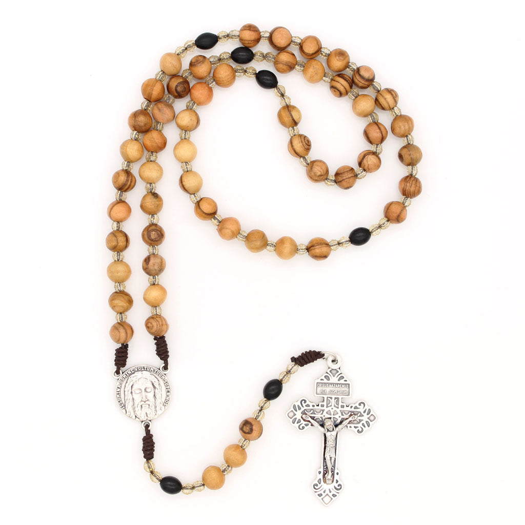 Picture of Olivewood Pardon Crucifix Rosary with Brown cord and black oval Our Father beads