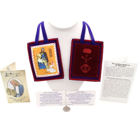 Picture of both sides of the Purple Scapular with prayer card, Miraculous Medal and card and St. Benedict Medal with explanation card