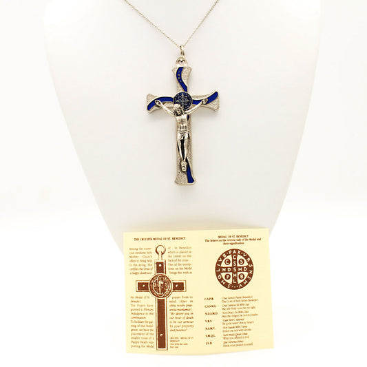 Pictures of the St. Benedict silver Bluewave Enamel Crucifix on a silver chain with explanation card