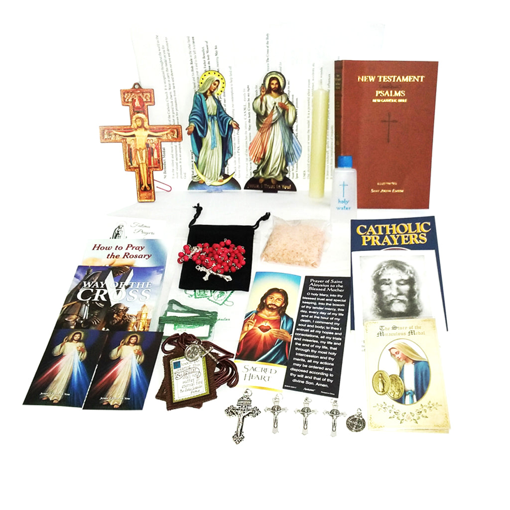 Picture of items in the Vital 3 Days of Darkness Kit. Click on the "Kit Items" Tab to see a list of all the items in this kit. This picture shows  Our Lady of  Grace and Divine Mercy with a softcover St. Joseph New Testament with Psalms.