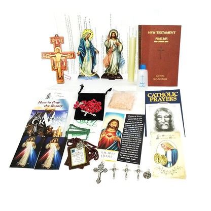 Picture of items in the Vital 3 Days of Darkness Kit. Click on the "Kit Items" Tab to see a list of all the items in this kit. This picture shows  Our Lady of  Grace and Divine Mercy with a softcover St. Joseph New Testament with Psalms.