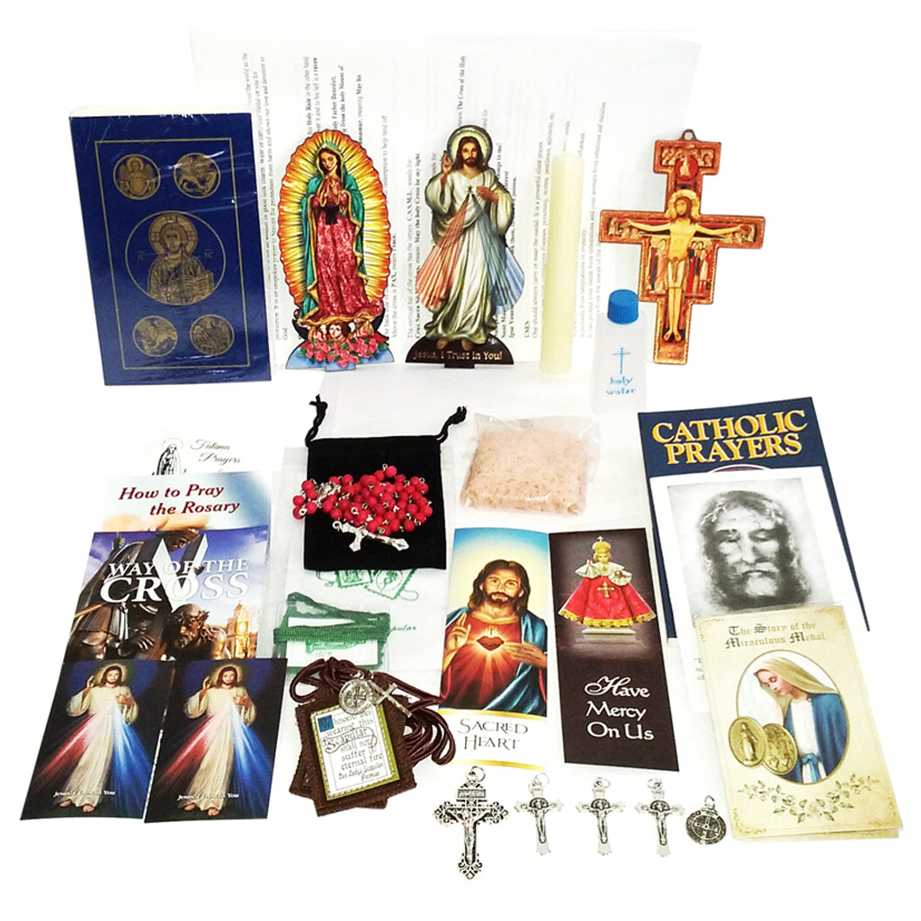 Picture of items in the Vital 3 Days of Darkness Kit. Click on the "Kit Items" Tab to see a list of all the items in this kit. This picture shows  Our Lady of Guadalupe and Divine Mercy with paperback RSV New Testament with Psalms.