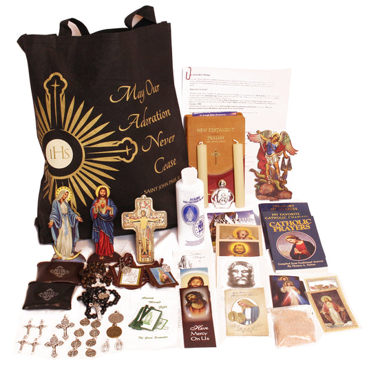 Picture of items in the 3 Days of Darkness tote. Click on the "Tote Items" Tab for a full list of all the items in this tote. This picture shows Our Lady of Grace, Sacred Heart of Jesus and St. Joseph leather New Testament with Psalms as your choice.