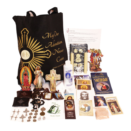 Picture of items in the 3 Days of Darkness tote. Click on the "Tote Items" Tab for a full list of all the items in this tote. This picture shows Our Lady of Guadalupe, Divine Mercy and RSV leather New Testament with Psalms as your choice.