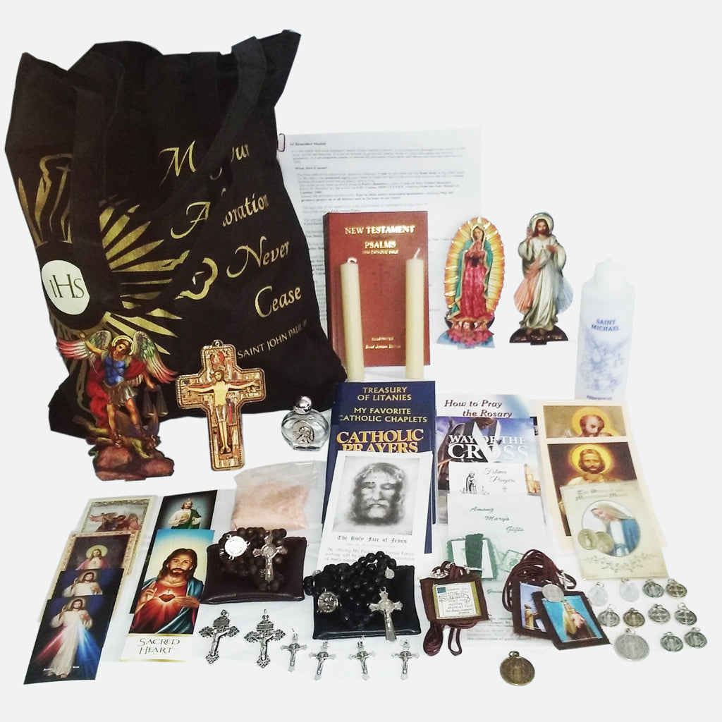Picture of items in the 3 Days of Darkness tote. Click on the "Tote Items" Tab for a full list of all the items in this tote. This picture shows Our Lady of Guadalupe, Divine Mercy and St. Joseph leather New Testament with Psalms as your choice.