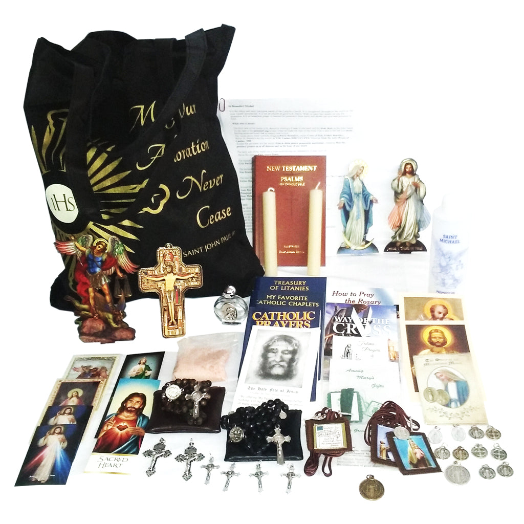 Picture of items in the 3 Days of Darkness tote. Click on the "Tote Items" Tab for a full list of all the items in this tote. This picture shows Our Lady of Grace, Divine Mercy and St. Joseph leather New Testament with Psalms as your choice.