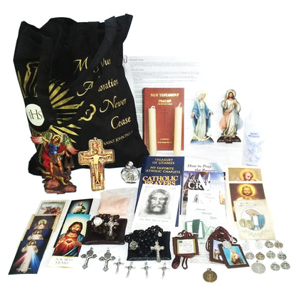 Picture of items in the 3 Days of Darkness tote. Click on the "Tote Items" Tab for a full list of all the items in this tote. This picture shows Our Lady of Grace, Divine Mercy and St. Joseph leather New Testament with Psalms as your choice.