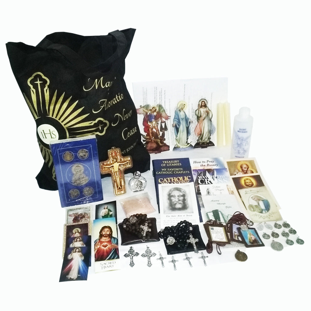 Picture of items in the 3 Days of Darkness tote. Click on the "Tote Items" Tab for a full list of all the items in this tote. This picture shows Our Lady of Grace, Divine Mercy and RSV leather New Testament with Psalms as your choice.