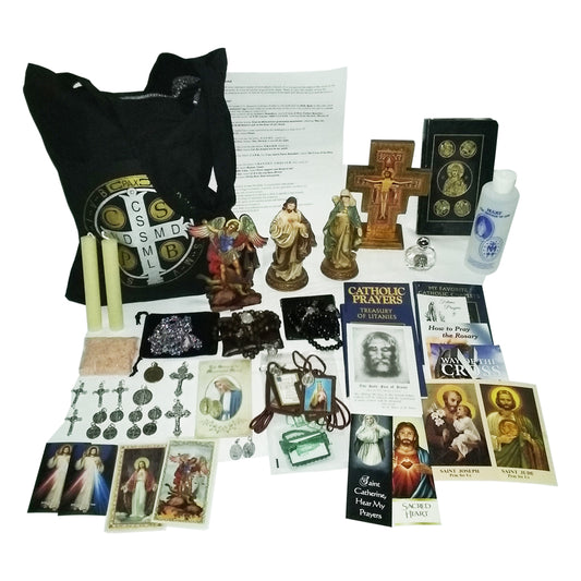 Picture of items in the Elite 3 Days of Darkness tote. Click on the "Tote Items" Tab for a full list of all the items. This picture shows the Gold Standing Crucifix and RSV leather New Testament with Psalms.