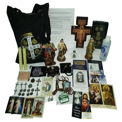 Picture of items in the Elite 3 Days of Darkness tote. Click on the "Tote Items" Tab for a full list of all the items. This picture shows the Brown Wall Crucifix and RSV leather New Testament with Psalms.