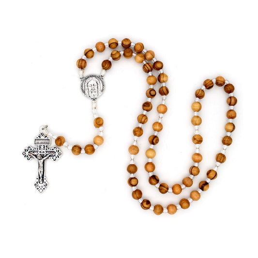 Picture of Olivewood Pardon Crucifix Rosary with White Cord 