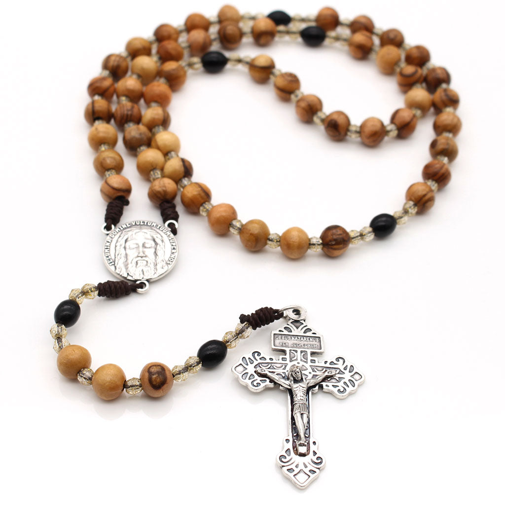 Picture of Olivewood Pardon Crucifix Rosary with Black Cord with Black Oval Our Father Beads