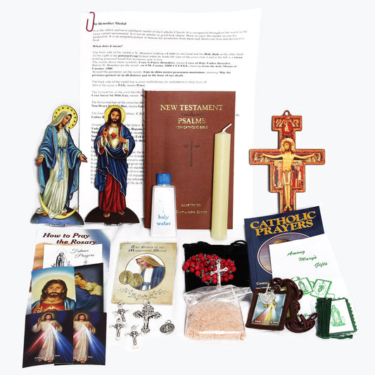 Picture of items in the Vital 3 Days of Darkness Kit. Click on the "Kit Items" Tab to see a list of all the items in this kit. This picture shows  Our Lady of Grace and the Sacred Heart of Jesus with a softcover St. Joseph New Testament with Psalms as your choices.