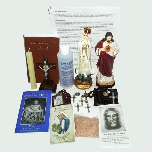 Picture of items in the Bare 3 Days of Darkness kit. Click on the "Kit Items" Tab for a full list of all the items. This picture shows Our Lady of Fatima and Sacred Heart of Jesus.