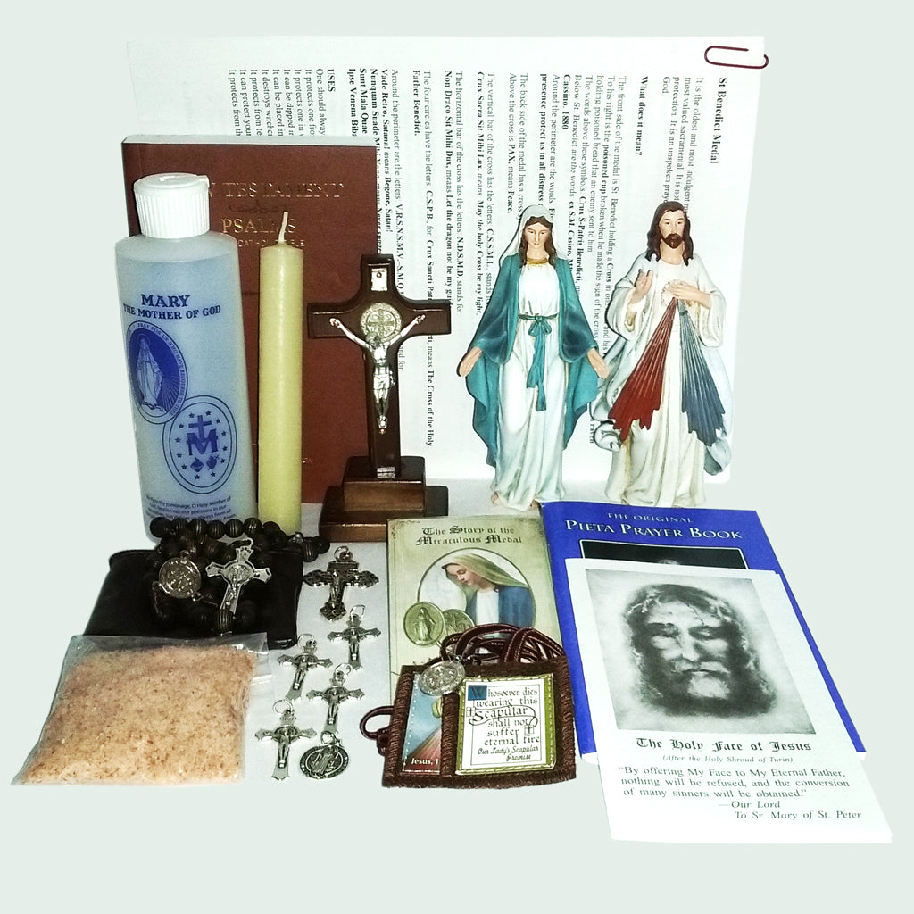 Picture of items in the Bare 3 Days of Darkness Kit. Click on the "Kit Items" Tab for a full list of all the items. This picture shows Our Lady of Grace and Divine Mercy.
