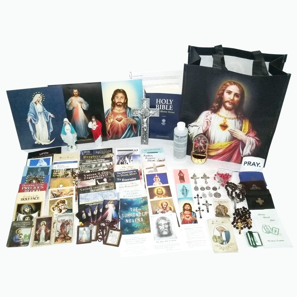 Picture of items in the Essential Prayer Tote. Click on the "Tote Items" Tab for a full list of all the items. This picture shows St. Benedict Flourish Wall Crucifix and Douay Rheims Bible.