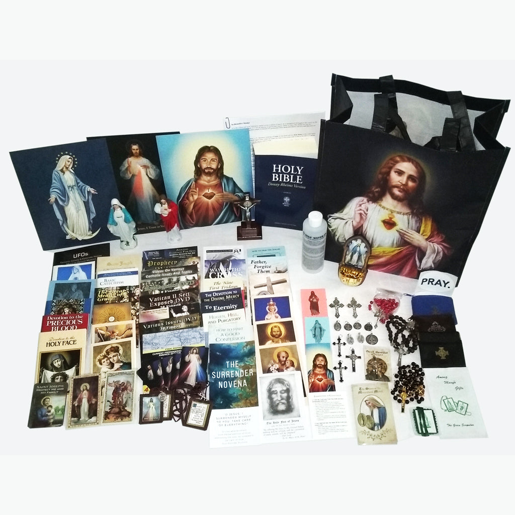Picture of items in the Essential Prayer Tote. Click on the "Tote Items" Tab for a full list of all the items. This picture shows St. Benedict Dark Walnut Standing Crucifix and Douay-Rheims Bible.