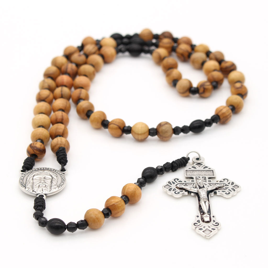 Picture of Olivewood Pardon Crucifix Rosary with Black Cord and Black Oval Our Father Beads