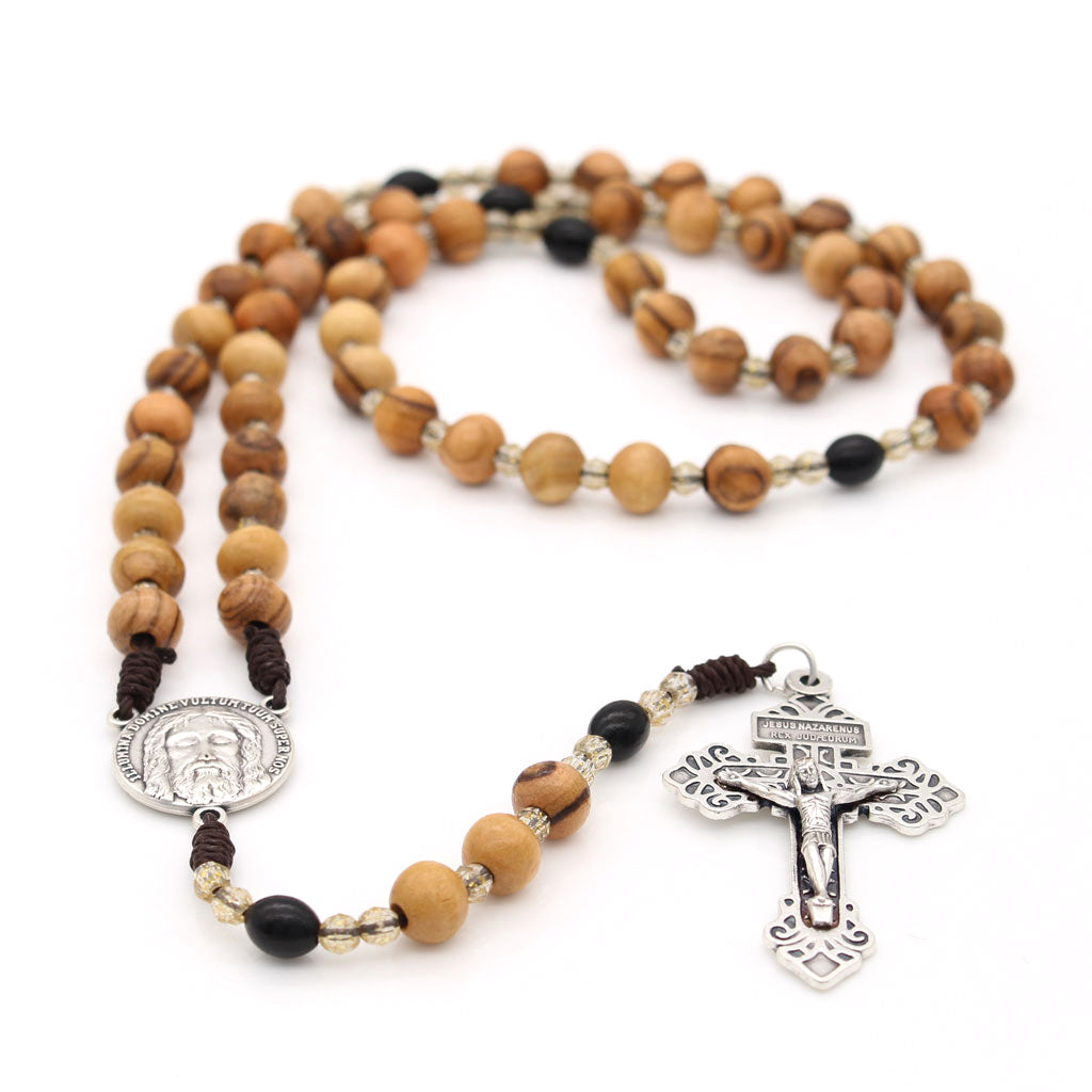 Picture of Olivewood Pardon Crucifix Rosary with Brown Cord with Black Oval Our Father Beads