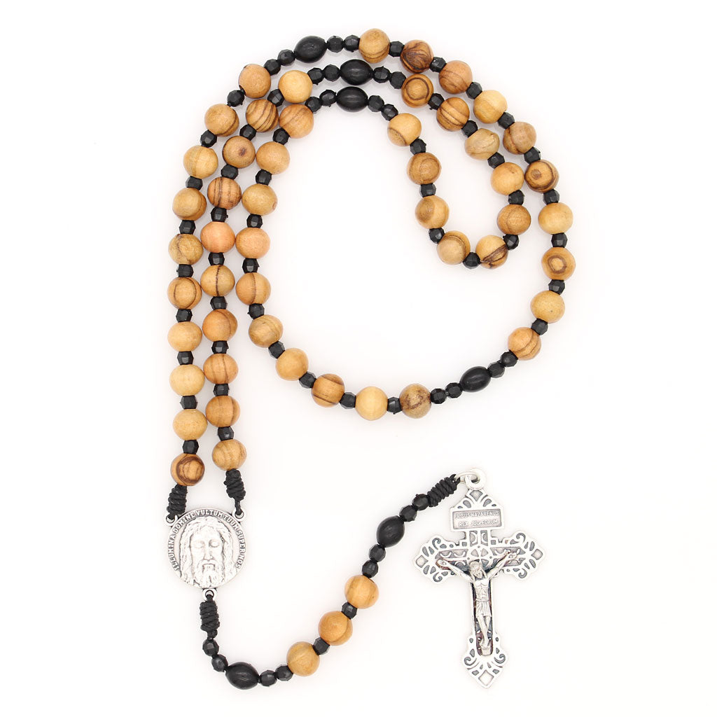 Picture of Olivewood Pardon Crucifix Rosary with Black Cord and Black Oval Our Father Beads