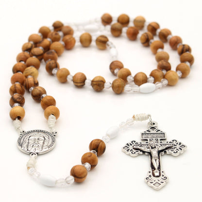 Picture of Olivewood Pardon Crucifix Rosary with White Cord and White Oval Our Father Beads