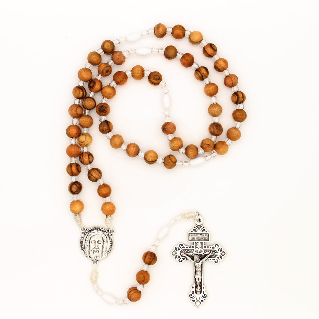 Picture of Olivewood Pardon Crucifix Rosary with White Cord  and White Oval Our Father Beads