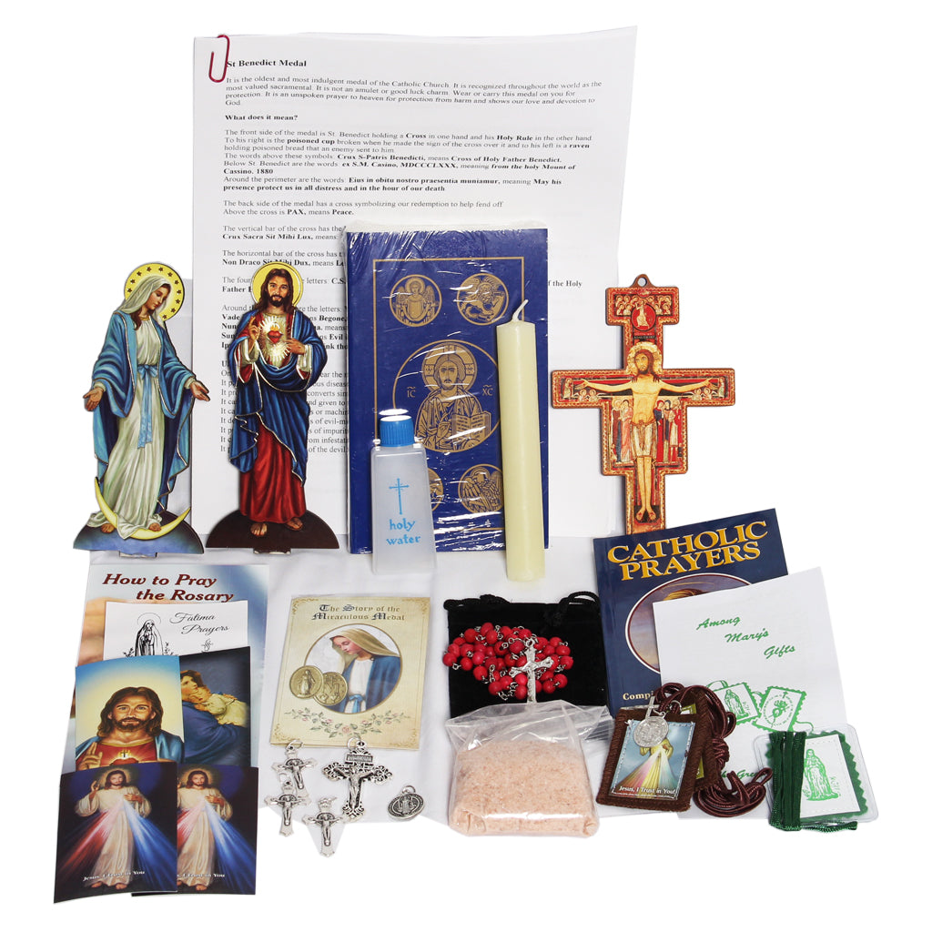 Picture of items in the Vital 3 Days of Darkness Kit. Click on the "Kit Items" Tab to see a list of all the items in this kit. This picture shows  Our Lady of Grace and Sacred Heart of Jesus with paperback RSV New Testament with Psalms.