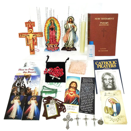 Picture of items in the Vital 3 Days of Darkness Kit. Click on the "Kit Items" Tab to see a list of all the items in this kit. This picture shows  Our Lady of Guadalupe and Divine Mercy with a softcover St. Joseph New Testament with Psalms.